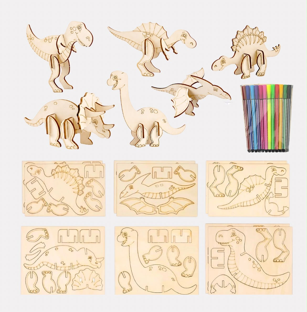 3D Wooden Dinosaur Puzzles – DIY Build & Color Creative Craft Set for Kids