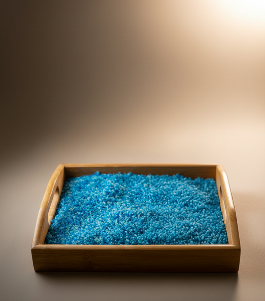 Wooden tray filled with blue rice on a gradient background