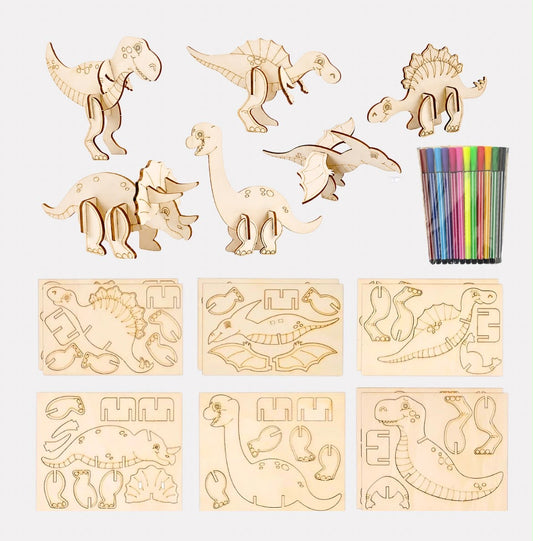 3D Wooden Dinosaur Puzzles – DIY Build & Color Creative Craft Set for Kids
