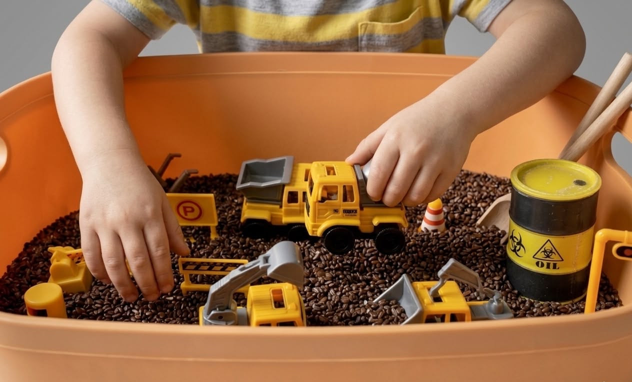 Child playing with the construction themed sensory bin