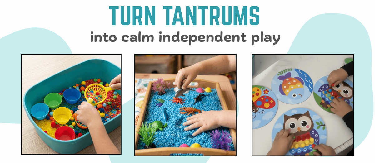 Sensory play kits for toddlers with text promoting calm independent play.